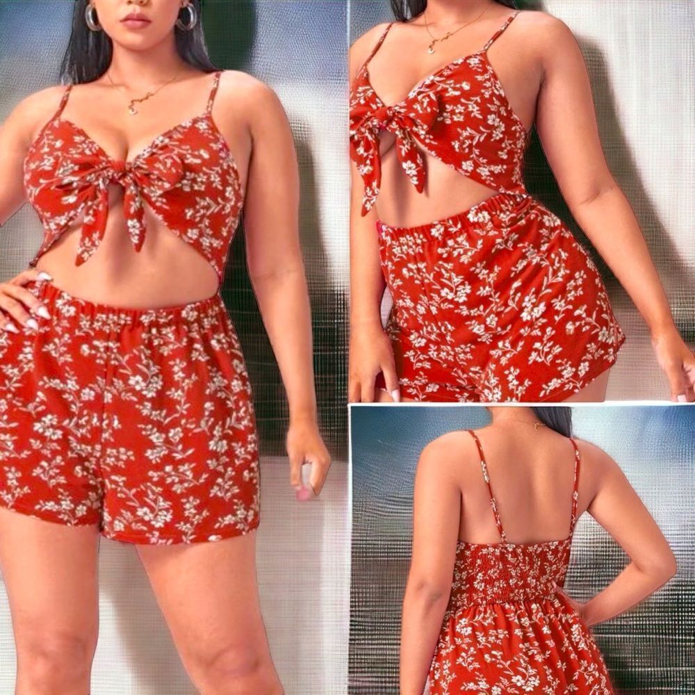Shein Curve L Front-Tie Romper L Red Or Green L 2… - image 3